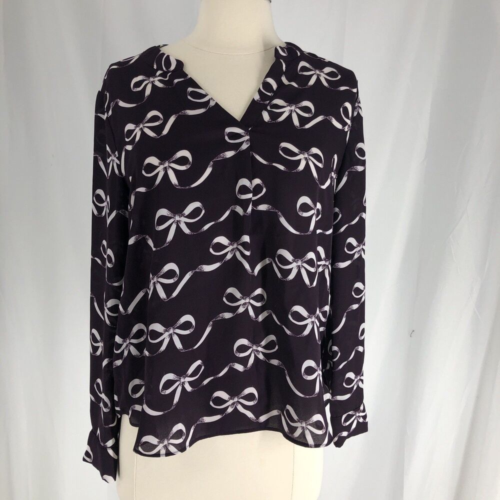 Banana Republic Drapey V-neck Blouse Purple Bow Print Sz Small Long Sleeve